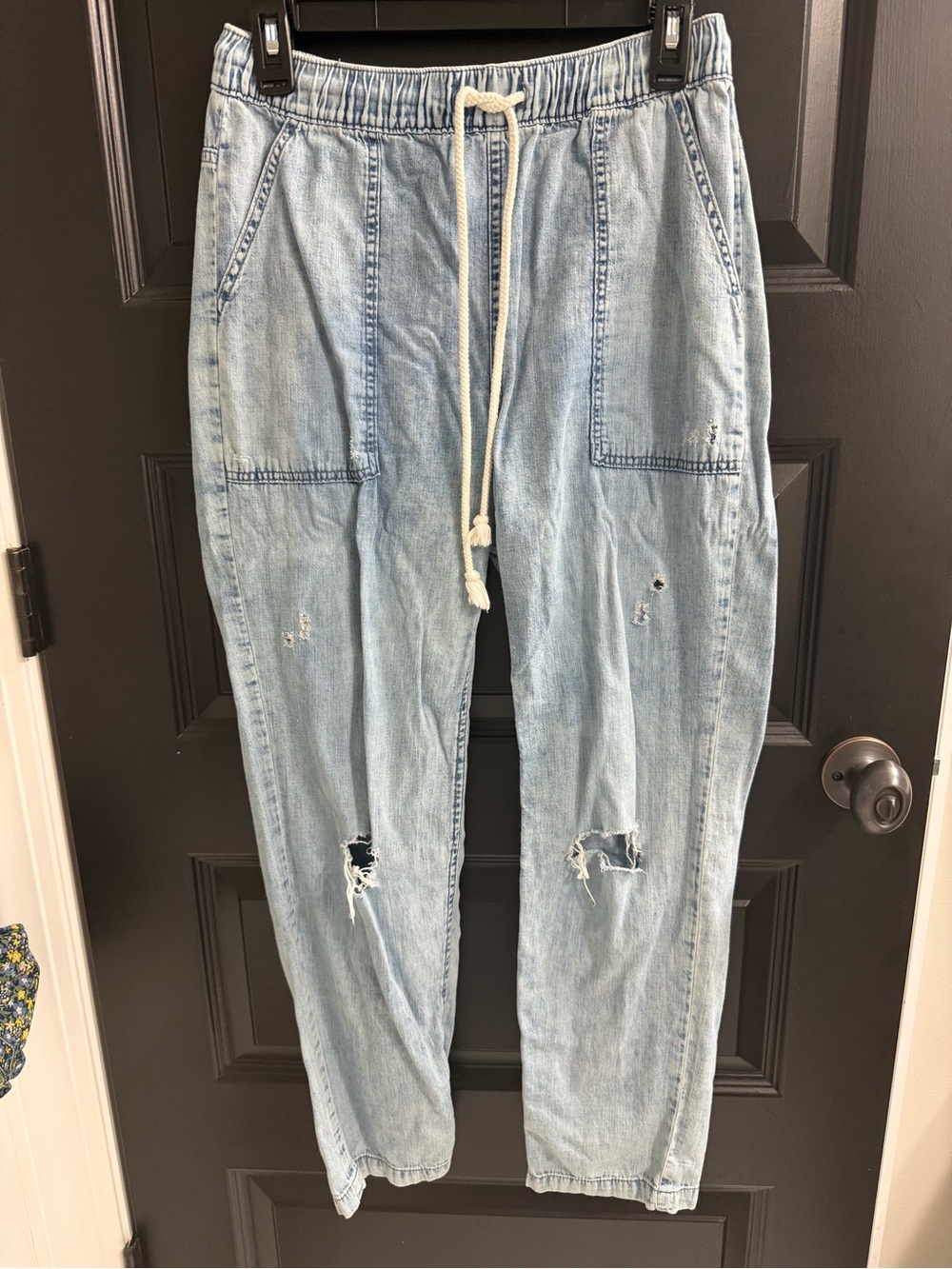 Aerie Lightweight Chambray Jogger Pants Distressed Drawstring Denim Blue Size S